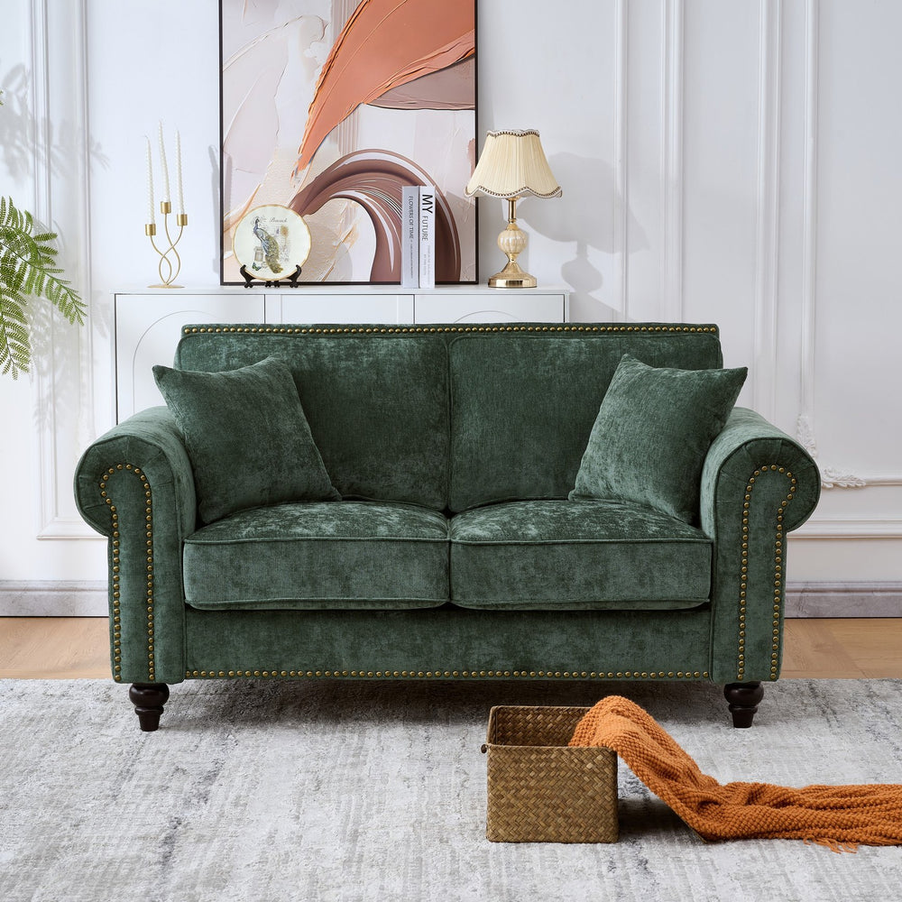 English Elm 63" Modern 2-Seater Sofa with Chenille Velvet, Rolled Arms, Nailhead Trim, Solid Wood Frame Durable Green W3373S00043