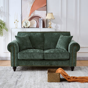 English Elm Modern Chenille 3+2 Seater Sofa with Rolled Arms, Velvet Touch, Nailhead Trim, Solid Wood Legs, Cozy Green W3373S00044