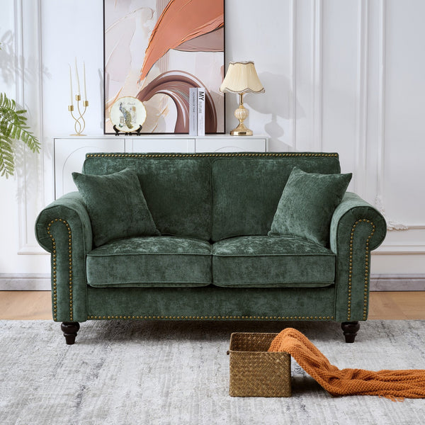 English Elm Modern Chenille 3+2 Seater Sofa with Rolled Arms, Velvet Touch, Nailhead Trim, Solid Wood Legs, Cozy Green W3373S00044