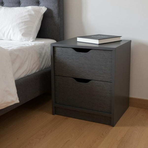 HomeRoots 19" Sleek Black Two-Drawer Nightstand with Modern Metal Accents – Perfect for Small Spaces & Style 526148