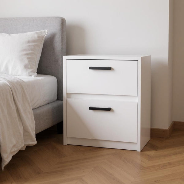 HomeRoots 19" White Wood Nightstand with Two Drawers - Modern, Compact Design for Stylish Bedroom Storage Solutions 526153