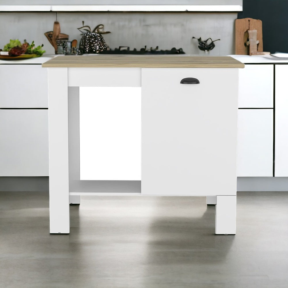 HomeRoots White Kitchen Island with Natural Wood Top - 35" Versatile Workspace & Storage for Every Home 526157