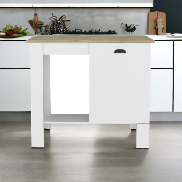 HomeRoots White Kitchen Island with Natural Wood Top - 35" Versatile Workspace & Storage for Every Home 526157