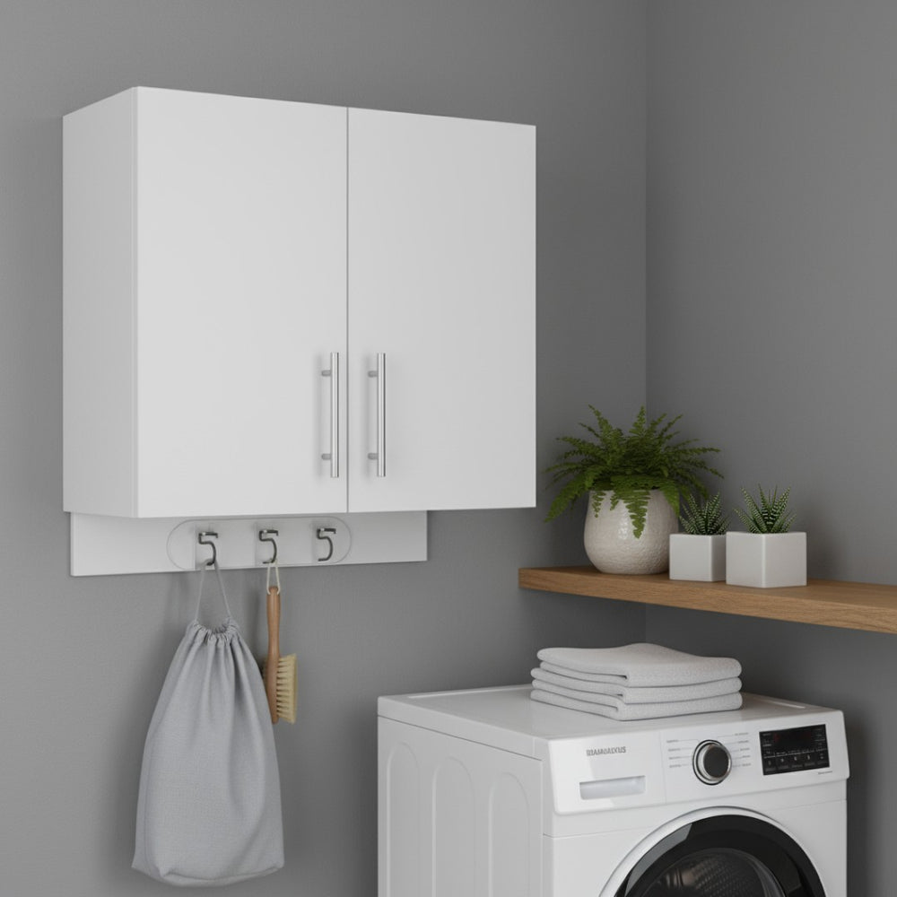 HomeRoots 26" Elegant White Wall-Mounted Utility Cabinet with Two Doors, Built-In Hooks & Modern Design 526163