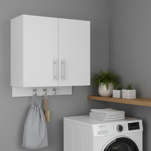 HomeRoots 26" Elegant White Wall-Mounted Utility Cabinet with Two Doors, Built-In Hooks & Modern Design 526163
