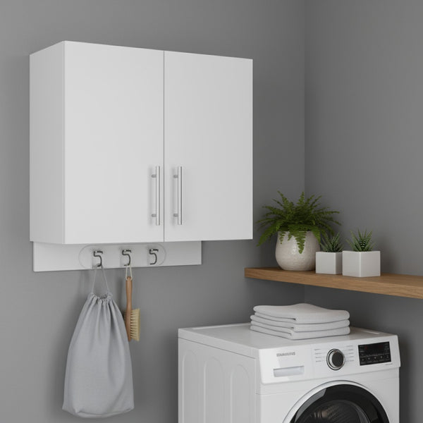 HomeRoots 26" Elegant White Wall-Mounted Utility Cabinet with Two Doors, Built-In Hooks & Modern Design 526163