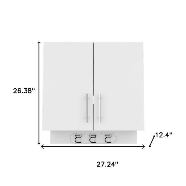 HomeRoots 26" Elegant White Wall-Mounted Utility Cabinet with Two Doors, Built-In Hooks & Modern Design 526163