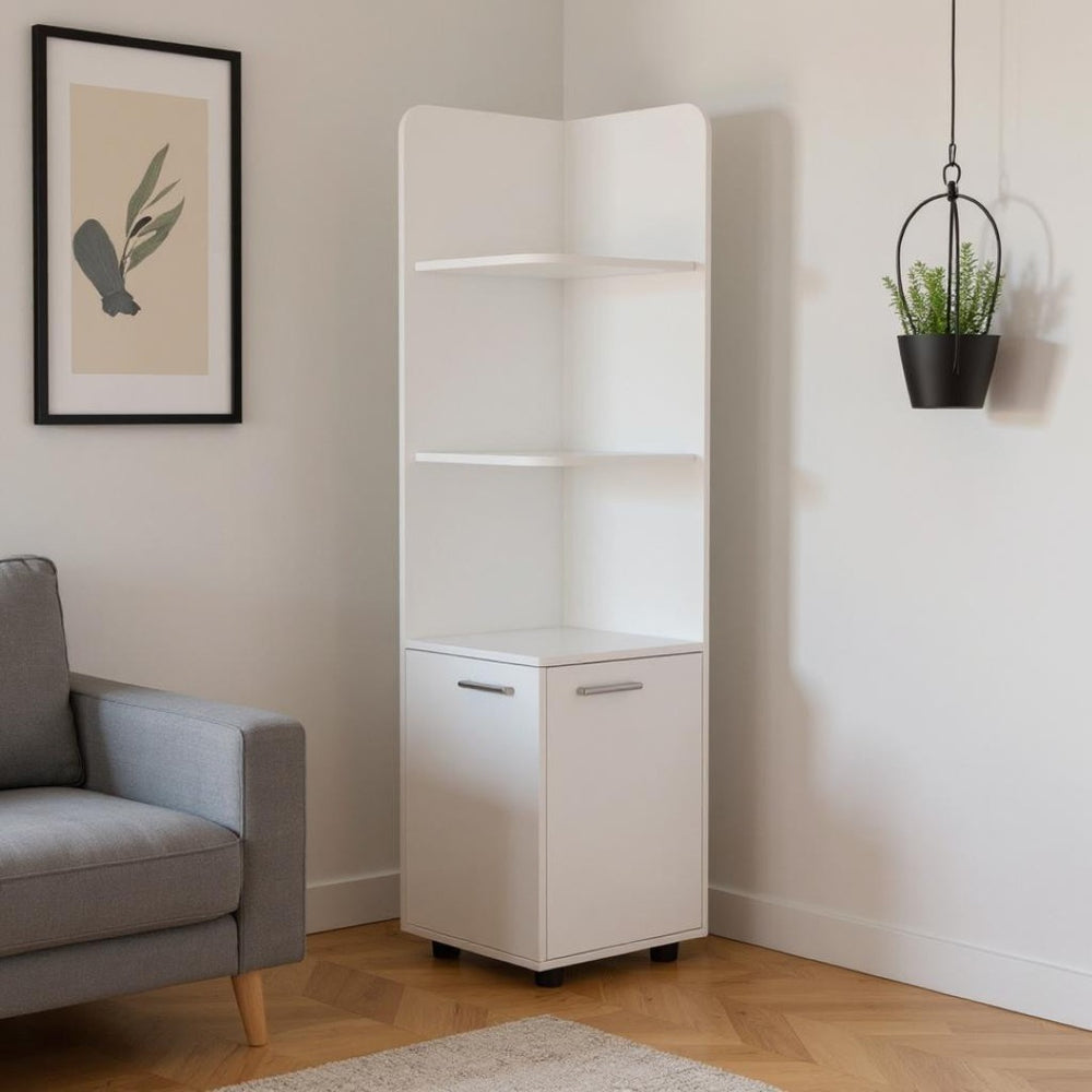 HomeRoots 62" White Wood Corner Utility Cabinet - Stylish Storage Solution with Open Shelves & Doors for Any Room 526166