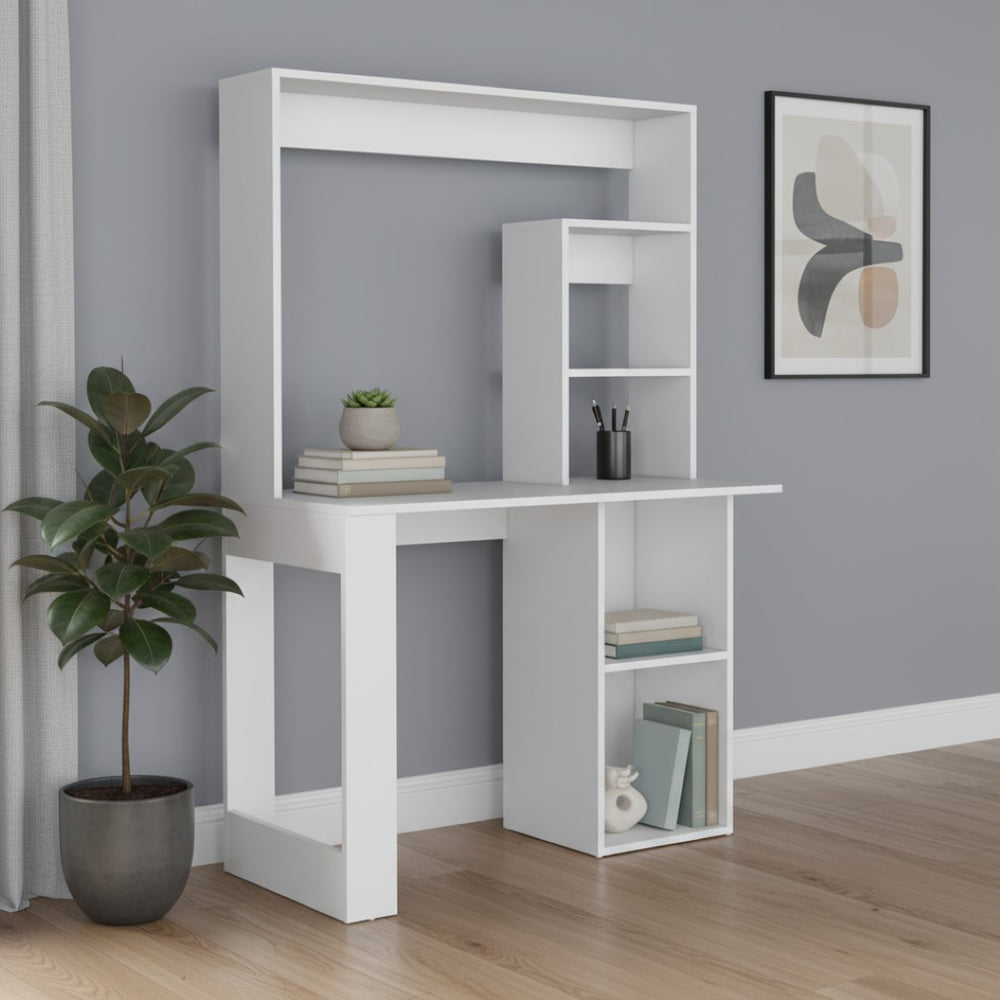 HomeRoots 39" Elegant White Wood Computer Desk with Hutch - Stylish, Functional Office Space Solution for Home 526174