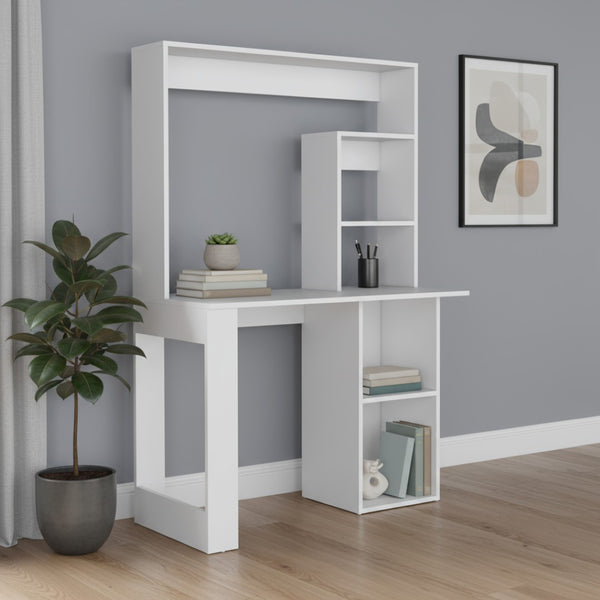 HomeRoots 39" Elegant White Wood Computer Desk with Hutch - Stylish, Functional Office Space Solution for Home 526174