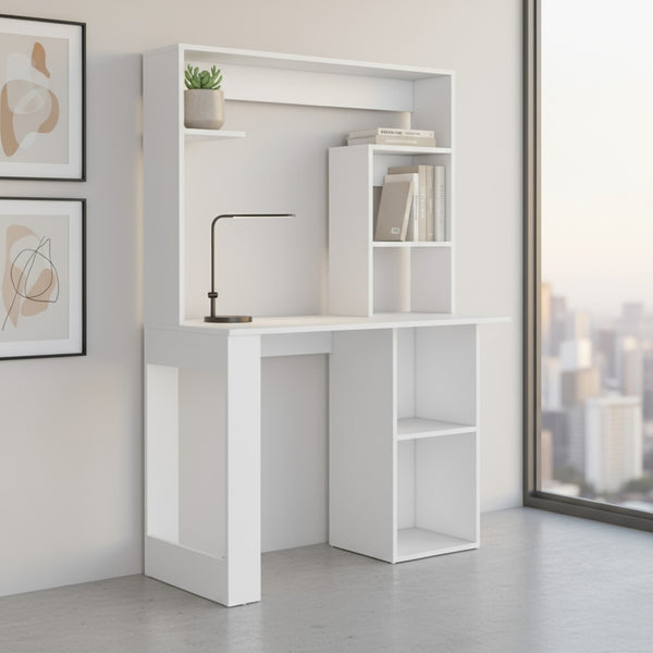 HomeRoots 39" Elegant White Wood Computer Desk with Hutch - Stylish, Functional Office Space Solution for Home 526174