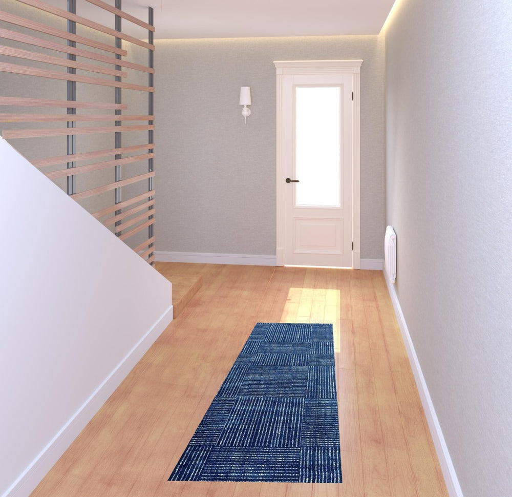 HomeRoots 2' X 6' Navy Blue Striped Washable Runner Rug - UV Protected, Stain-Resistant, Machine Washable! 526204