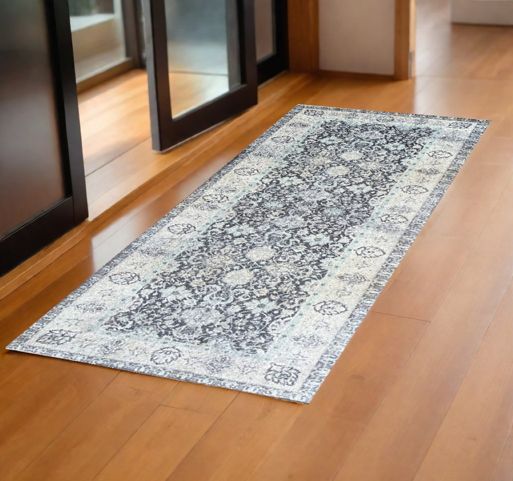 HomeRoots 2' X 6' Gray Oriental Runner Rug - Washable, UV Protected, Vintage Design for High Traffic Areas 526216