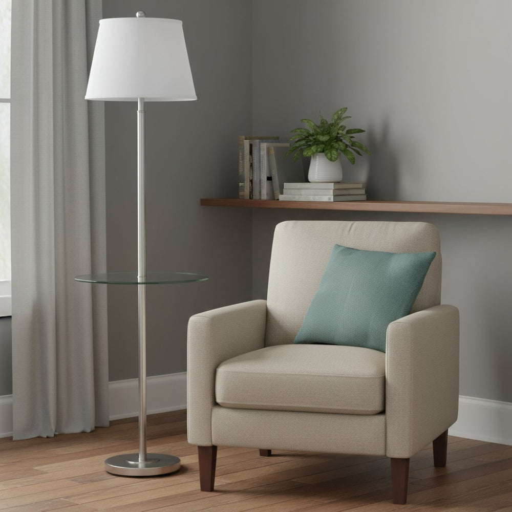 HomeRoots 60" Modern Nickel Floor Lamp with Tray Table & White Shade – Stylish Lighting for Small Spaces 526235