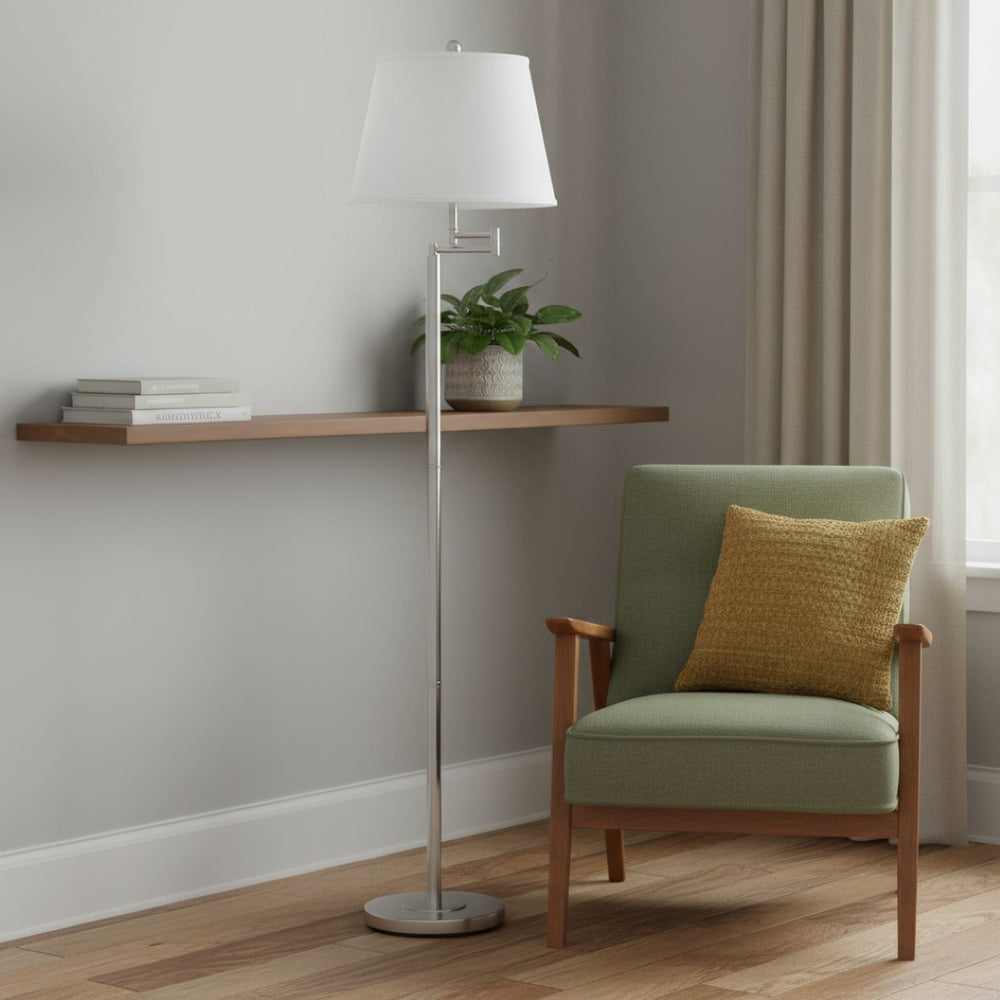 HomeRoots 60" Nickel Swing Arm Floor Lamp - Adjustable Task Lighting with Modern White Square Shade Design 526236