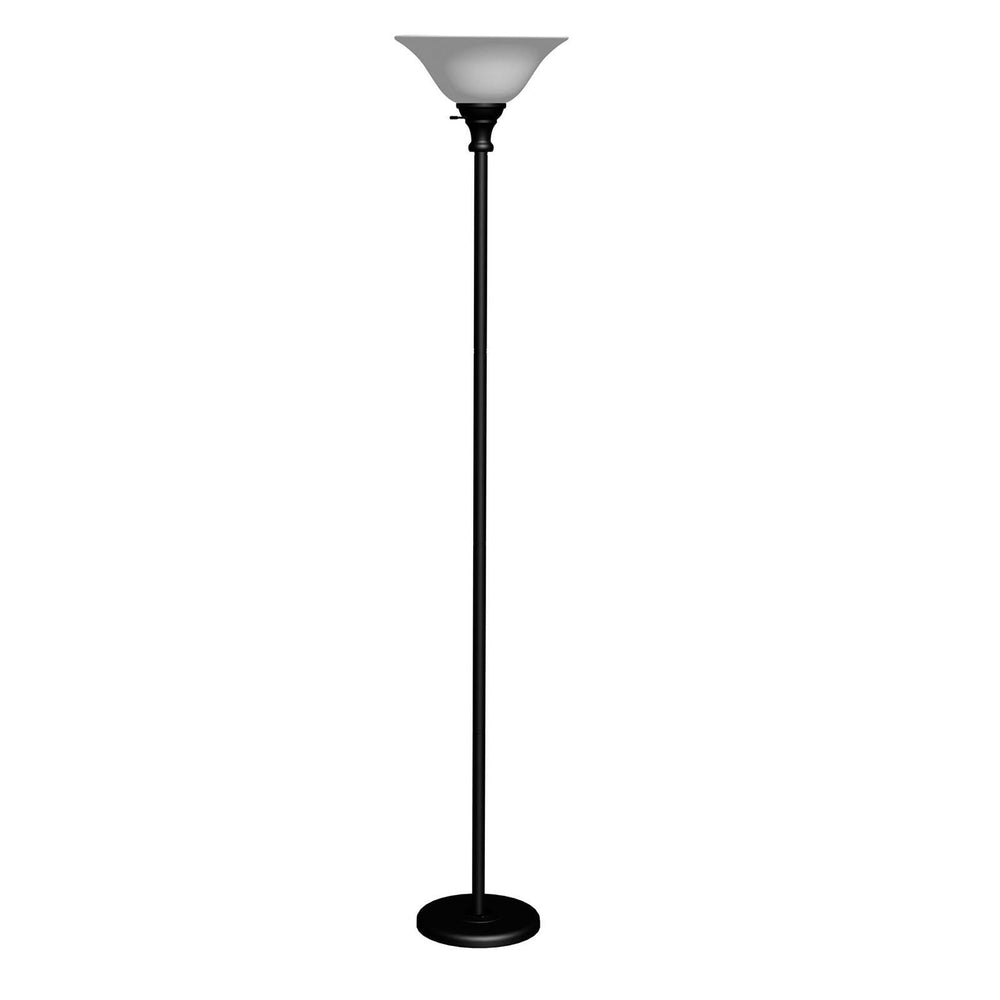 Homeroots 71" Black Torchiere Floor Lamp With Black Glass Dome Shade  Metal 526239