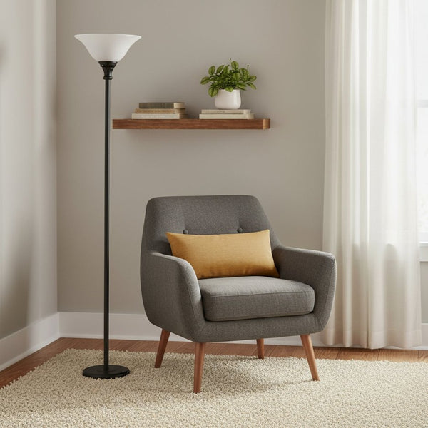 HomeRoots 71" Modern Torchiere Floor Lamp with Black Glass Dome Shade - Elegant Ambient Lighting Solution 526239