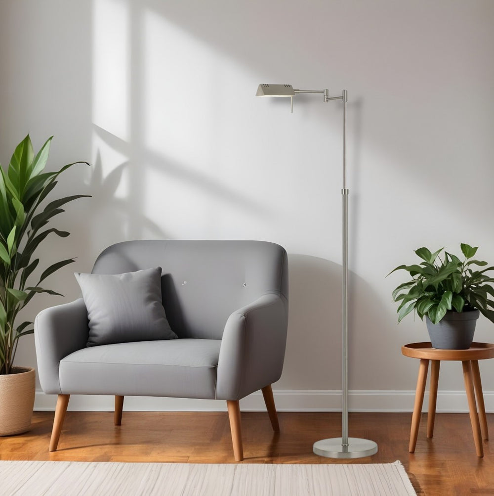 HomeRoots 61" Adjustable Nickel Metal Floor Lamp with Gray Shade - Modern Design, Dimmable, Perfect for Any Room 526276