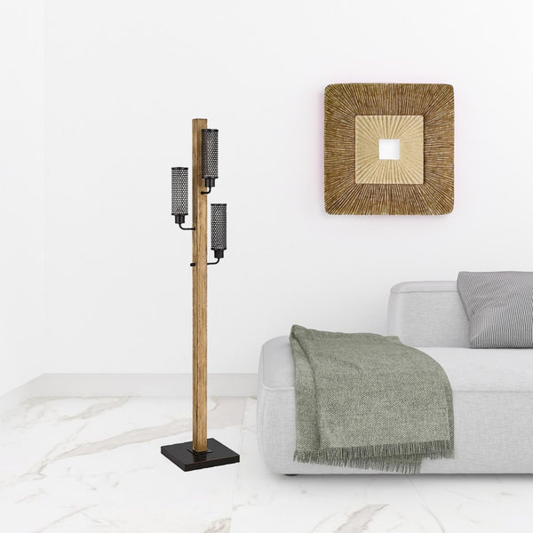 HomeRoots 61" Brown Three-Light Floor Lamp with Black Shade - Stylish, Adjustable Lighting for Any Room 526293