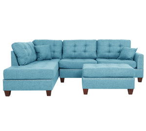 English Elm 3 Piece Reversible Sectional Sofa Set with Ottoman, Tufted Linen-Look Cushions and Nailhead Trim, Versatile Comfort for Living Rooms Aqua 25 L x 40 W x 9 H B089S00175