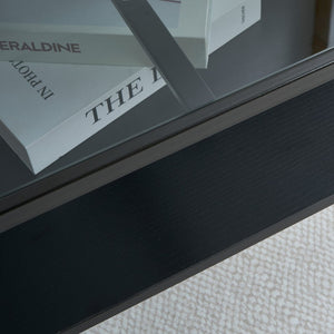 English Elm Rectangle Coffee Table With Sleek Gray Glass Top & Sturdy Black Metal Legs - Modern Living Room Style W241139565-GIGA