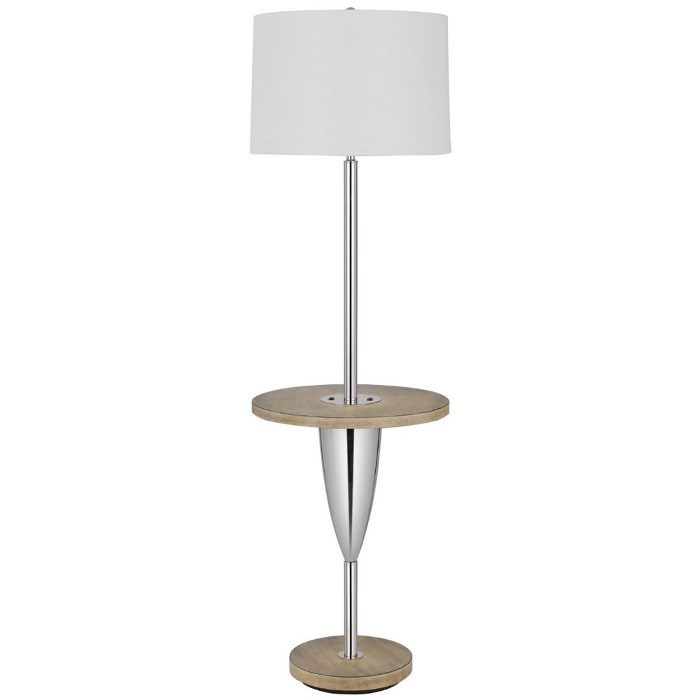 HomeRoots 61" Chrome Tray Table Floor Lamp with USB Port & White Shade - Stylish Lighting for Small Spaces 526308