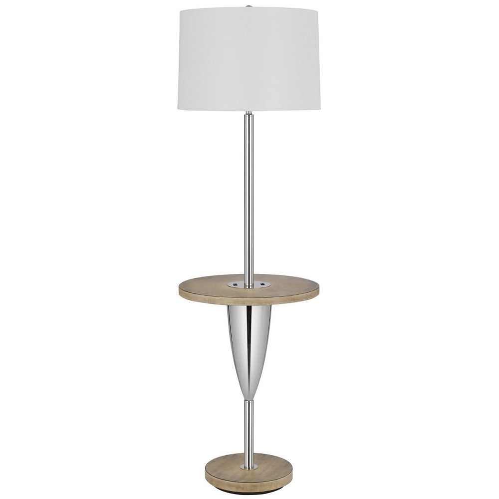 HomeRoots 61" Chrome Tray Table Floor Lamp with USB Port & White Shade - Stylish Lighting for Small Spaces 526308