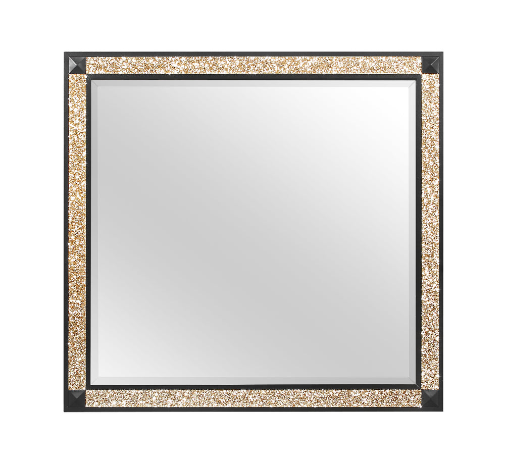 English Elm LIVELY Black/Gold Mirror with Glitter Accent — Large Dresser-Mounted Glass, Sturdy Sleek MDF Frame B201P289723