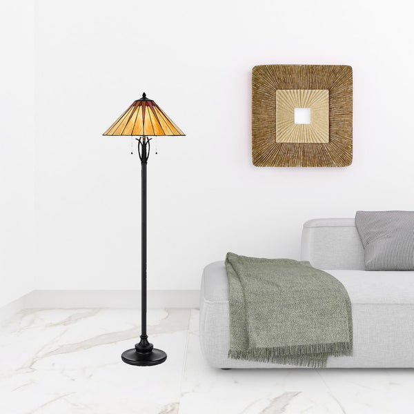 HomeRoots 61" Bronze Two-Light Traditional Floor Lamp with Elegant Abstract Tiffany Glass Shade for Any Room 526320