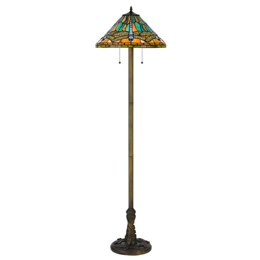 HomeRoots 63" Brass Two Light Floor Lamp with Stunning Blue & Orange Dragonfly Tiffany Shade for Elegant Ambiance 526321