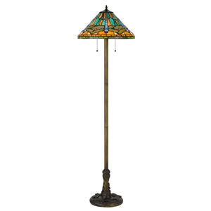 HomeRoots 63" Brass Two Light Floor Lamp with Stunning Blue & Orange Dragonfly Tiffany Shade for Elegant Ambiance 526321