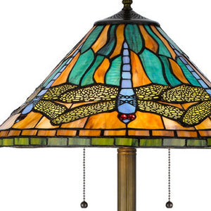 HomeRoots 63" Brass Two Light Floor Lamp with Stunning Blue & Orange Dragonfly Tiffany Shade for Elegant Ambiance 526321