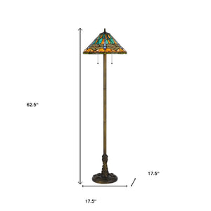 HomeRoots 63" Brass Two Light Floor Lamp with Stunning Blue & Orange Dragonfly Tiffany Shade for Elegant Ambiance 526321