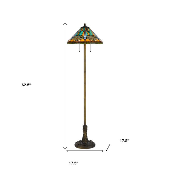 HomeRoots 63" Brass Two Light Floor Lamp with Stunning Blue & Orange Dragonfly Tiffany Shade for Elegant Ambiance 526321