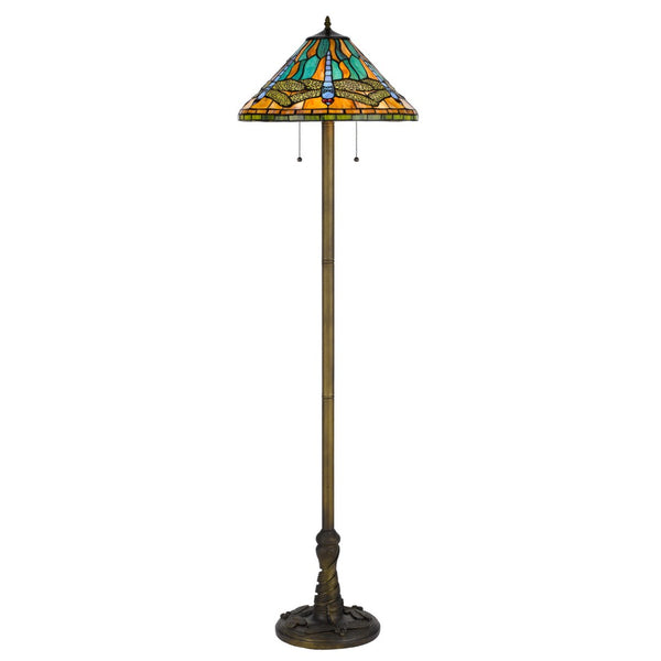HomeRoots 63" Brass Two Light Floor Lamp with Stunning Blue & Orange Dragonfly Tiffany Shade for Elegant Ambiance 526321
