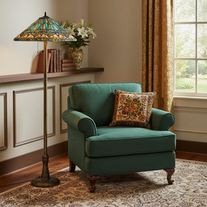HomeRoots 63" Brass Two Light Floor Lamp with Stunning Blue & Orange Dragonfly Tiffany Shade for Elegant Ambiance 526321