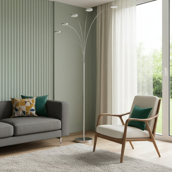 HomeRoots 82" Nickel Arc Floor Lamp with 5 LED Lights - Dimmable, Adjustable Brightness for Modern Homes 526323