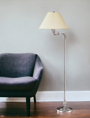 Homeroots 59" Nickel Swing Arm Floor Lamp With Beige Fabric Empire Shade  Metal 526331