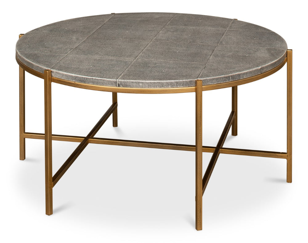 Sarreid Grey Shagreen Coffee Table With Antiqued Brass Base - Elegant Leather Finish & Sturdy Iron Frame Black  52634