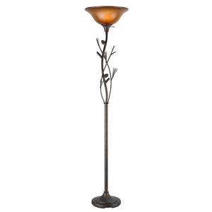 HomeRoots 72" Amber Torchiere Floor Lamp - Rustic Iron Design with Brown Glass Shade for Ambient Lighting 526342