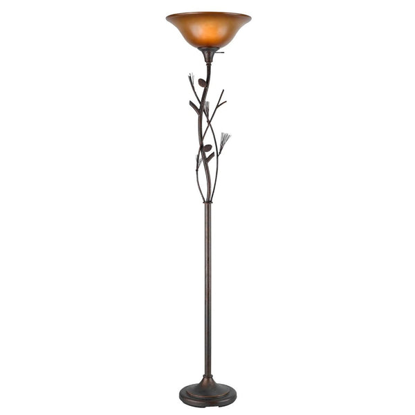 HomeRoots 72" Amber Torchiere Floor Lamp - Rustic Iron Design with Brown Glass Shade for Ambient Lighting 526342