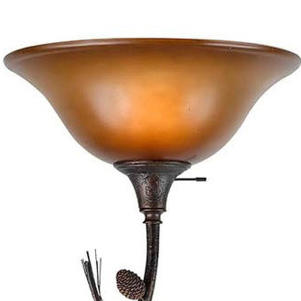 HomeRoots 72" Amber Torchiere Floor Lamp - Rustic Iron Design with Brown Glass Shade for Ambient Lighting 526342