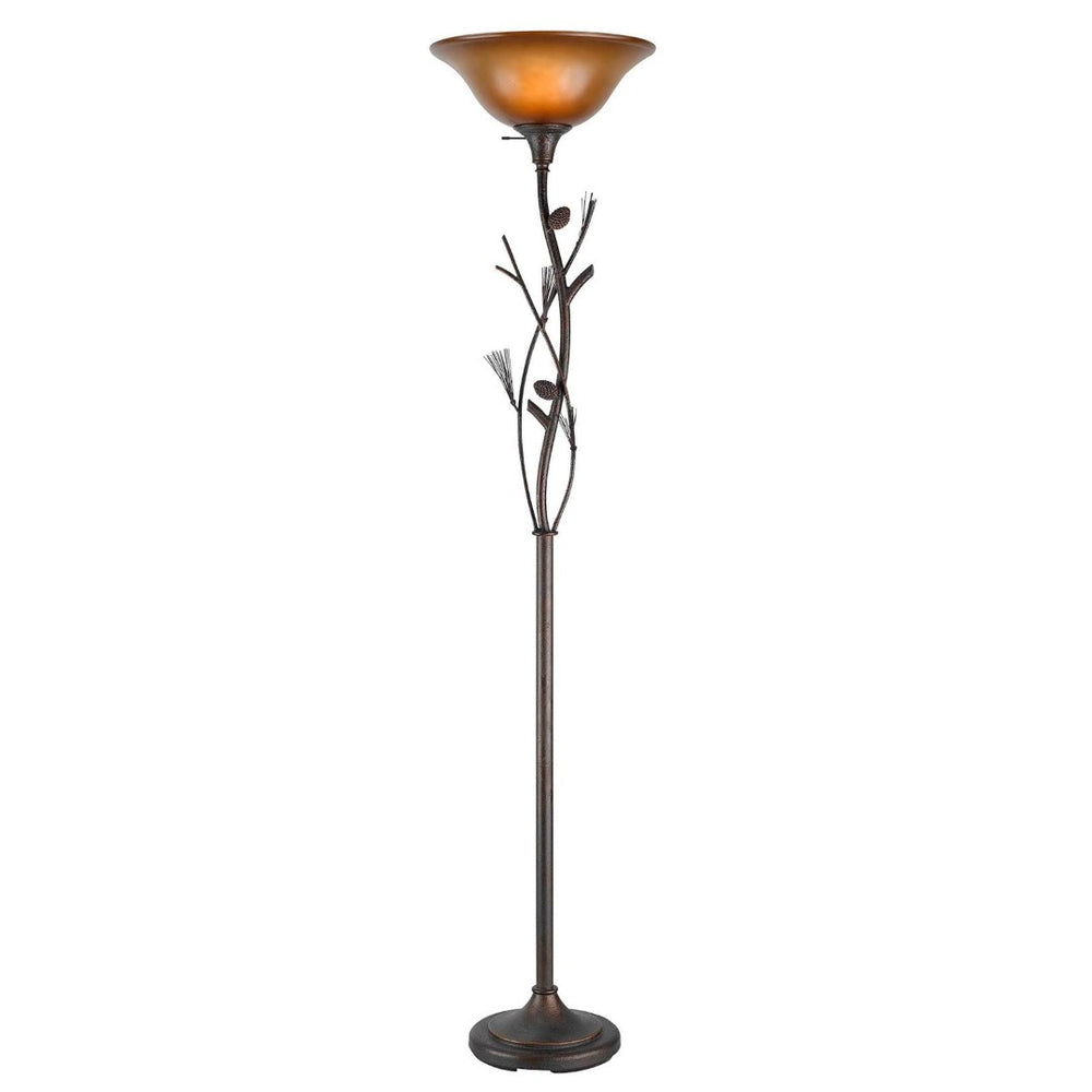 HomeRoots 72" Amber Torchiere Floor Lamp - Rustic Iron Design with Brown Glass Shade for Ambient Lighting 526342