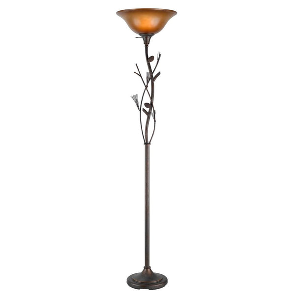 HomeRoots 72" Amber Torchiere Floor Lamp - Rustic Iron Design with Brown Glass Shade for Ambient Lighting 526342