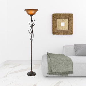 HomeRoots 72" Amber Torchiere Floor Lamp - Rustic Iron Design with Brown Glass Shade for Ambient Lighting 526342