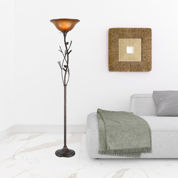 HomeRoots 72" Amber Torchiere Floor Lamp - Rustic Iron Design with Brown Glass Shade for Ambient Lighting 526342