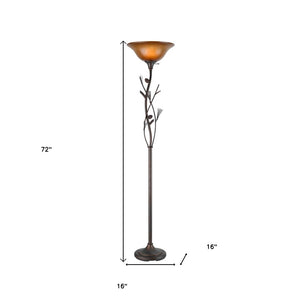 HomeRoots 72" Amber Torchiere Floor Lamp - Rustic Iron Design with Brown Glass Shade for Ambient Lighting 526342