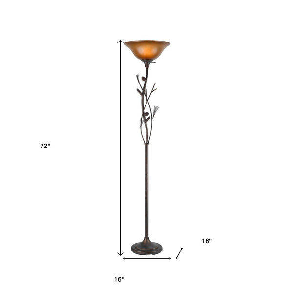HomeRoots 72" Amber Torchiere Floor Lamp - Rustic Iron Design with Brown Glass Shade for Ambient Lighting 526342
