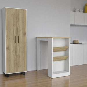 HomeRoots Set of Two Modern Oak and White Kitchen Island & Pantry Cabinet - Stylish Storage & Versatile Design 526343