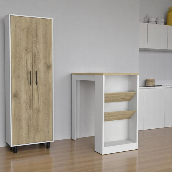 HomeRoots Set of Two Modern Oak and White Kitchen Island & Pantry Cabinet - Stylish Storage & Versatile Design 526343